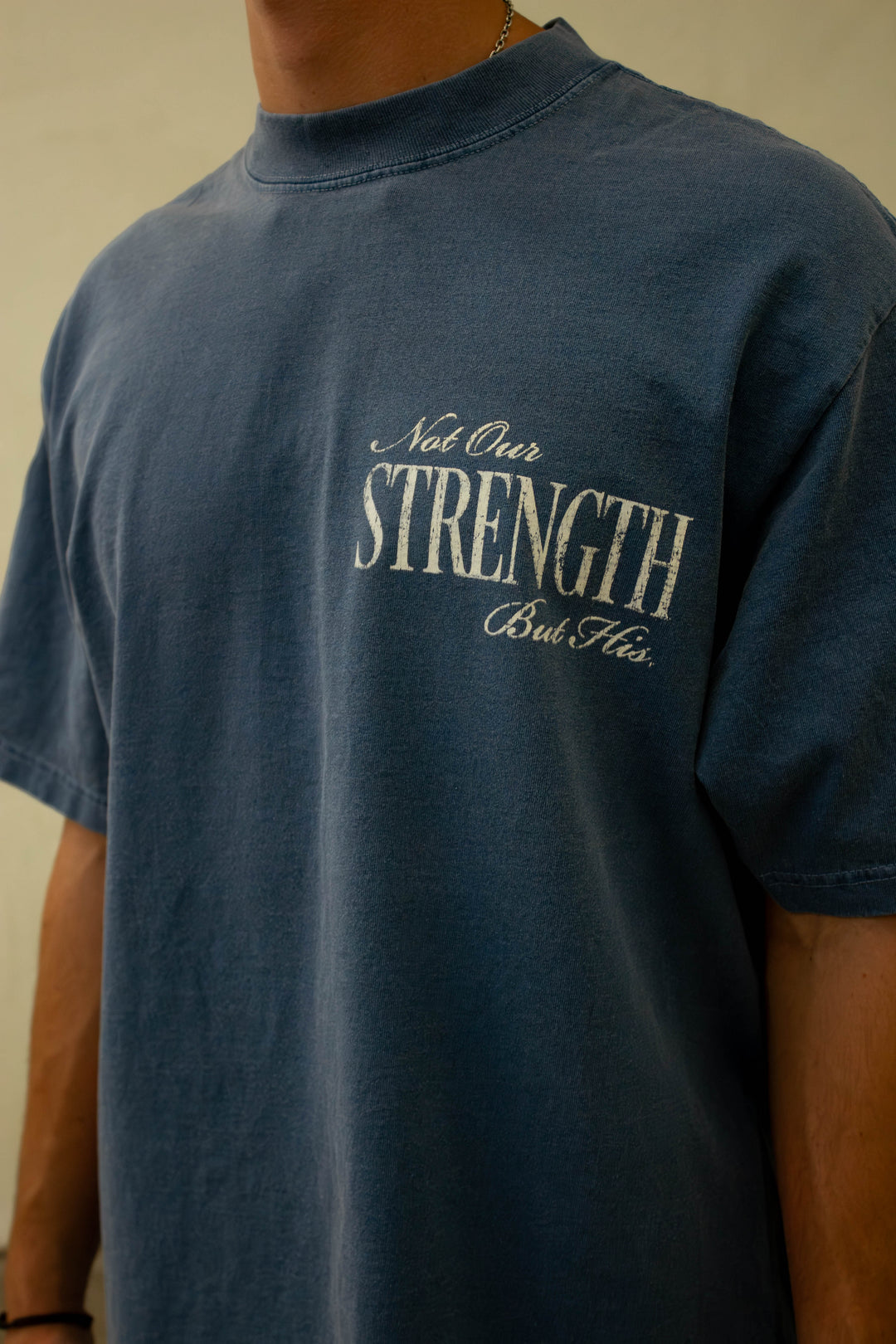 His Strength v1 tee washed denim model