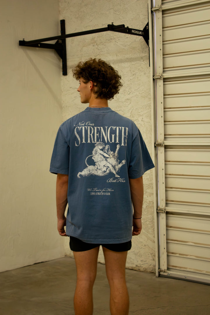 His Strength v1 tee washed denim model back