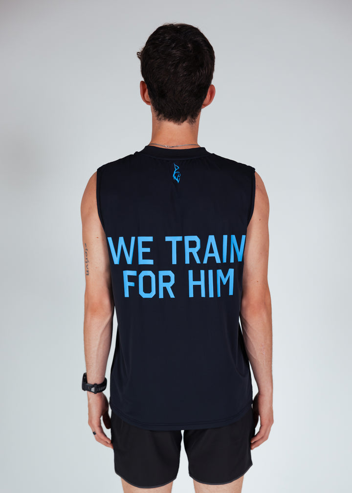 person wearing we train for him running tank
