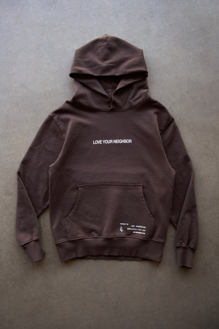 LOVE YOUR NEIGHBOR HOODIE IN BROWN (PRE-ORDER)